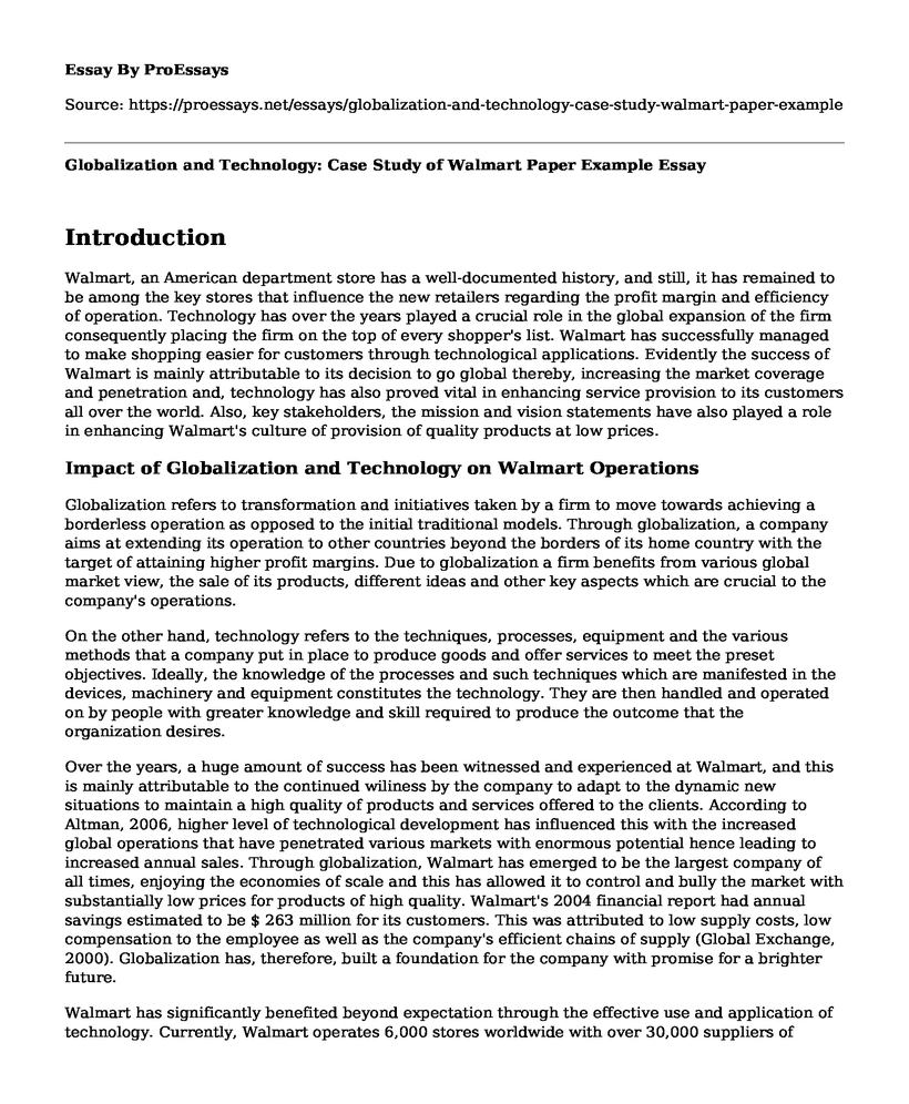 Globalization and Technology: Case Study of Walmart Paper Example