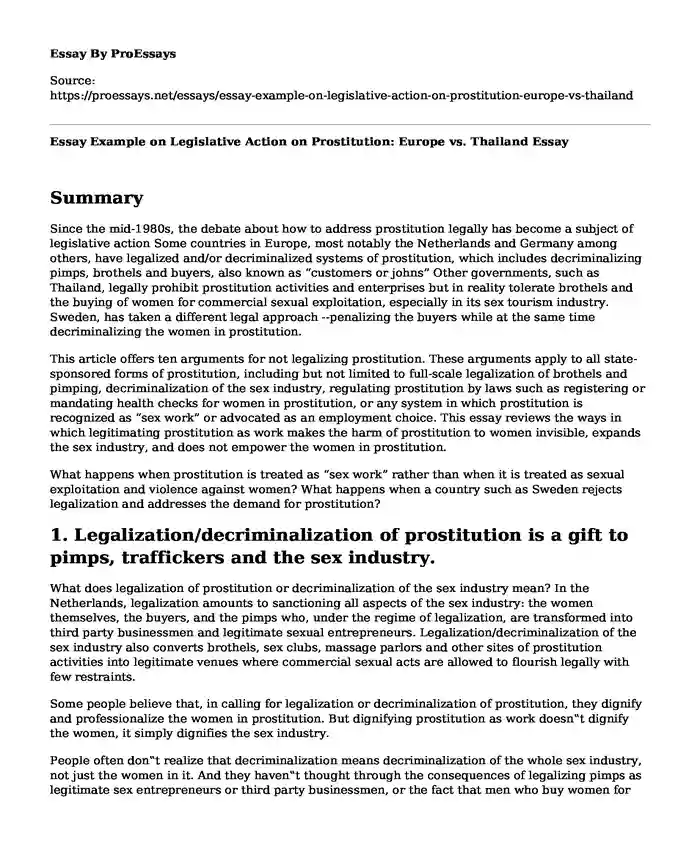 Essay Example on Legislative Action on Prostitution: Europe vs. Thailand
