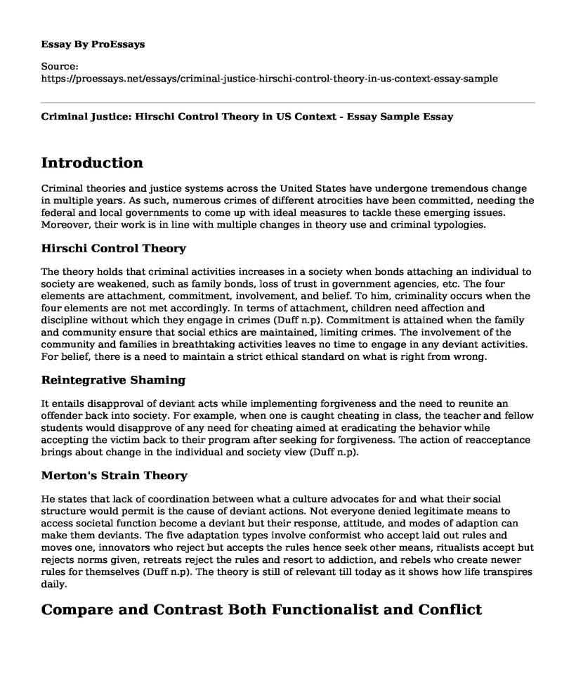 Criminal Justice: Hirschi Control Theory in US Context - Essay Sample