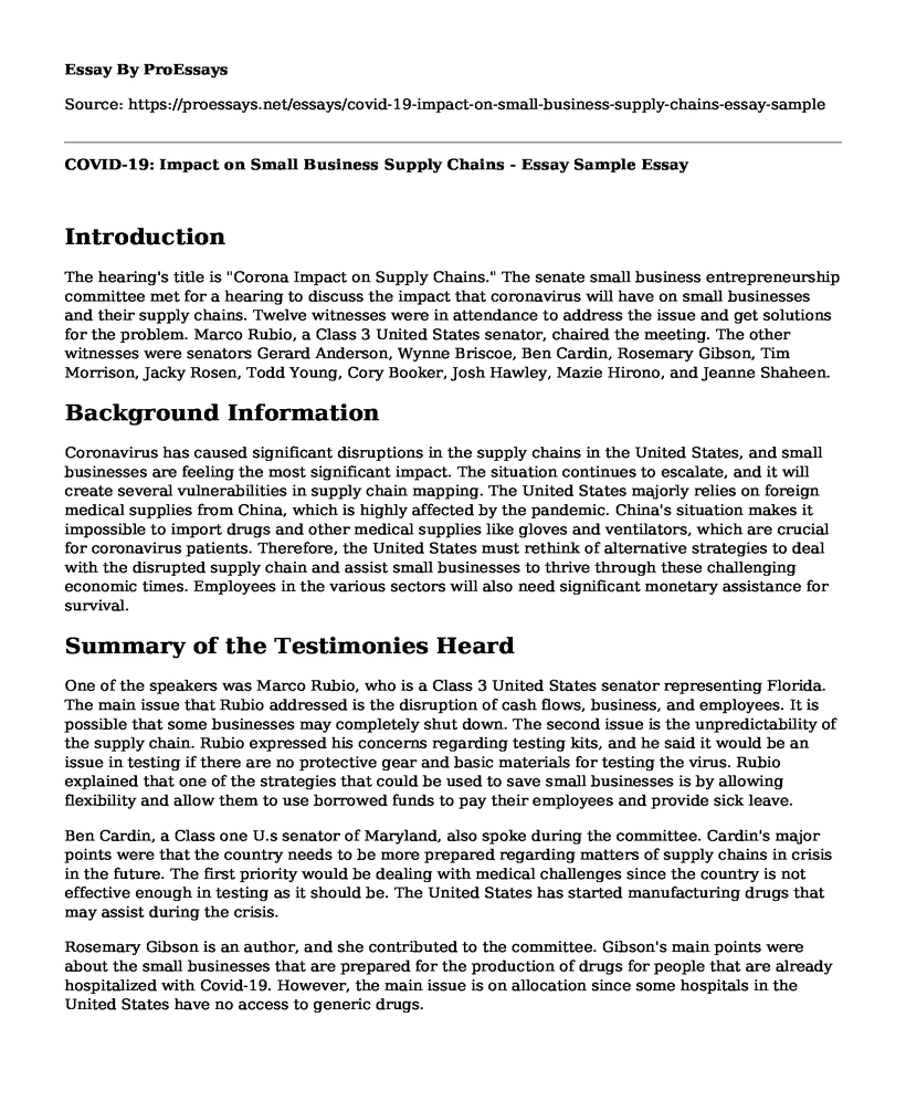 COVID-19: Impact on Small Business Supply Chains - Essay Sample