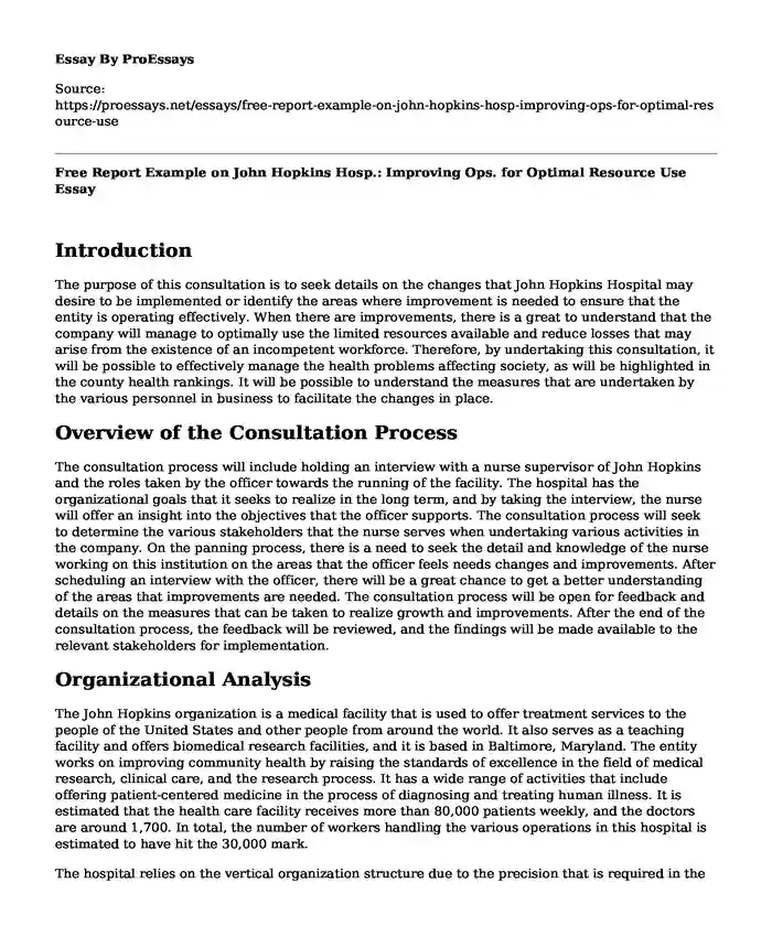 Free Report Example on John Hopkins Hosp.: Improving Ops. for Optimal Resource Use