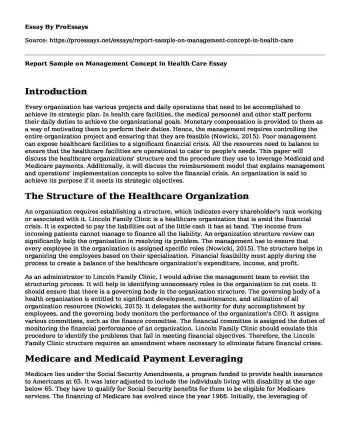 Report Sample on Management Concept in Health Care