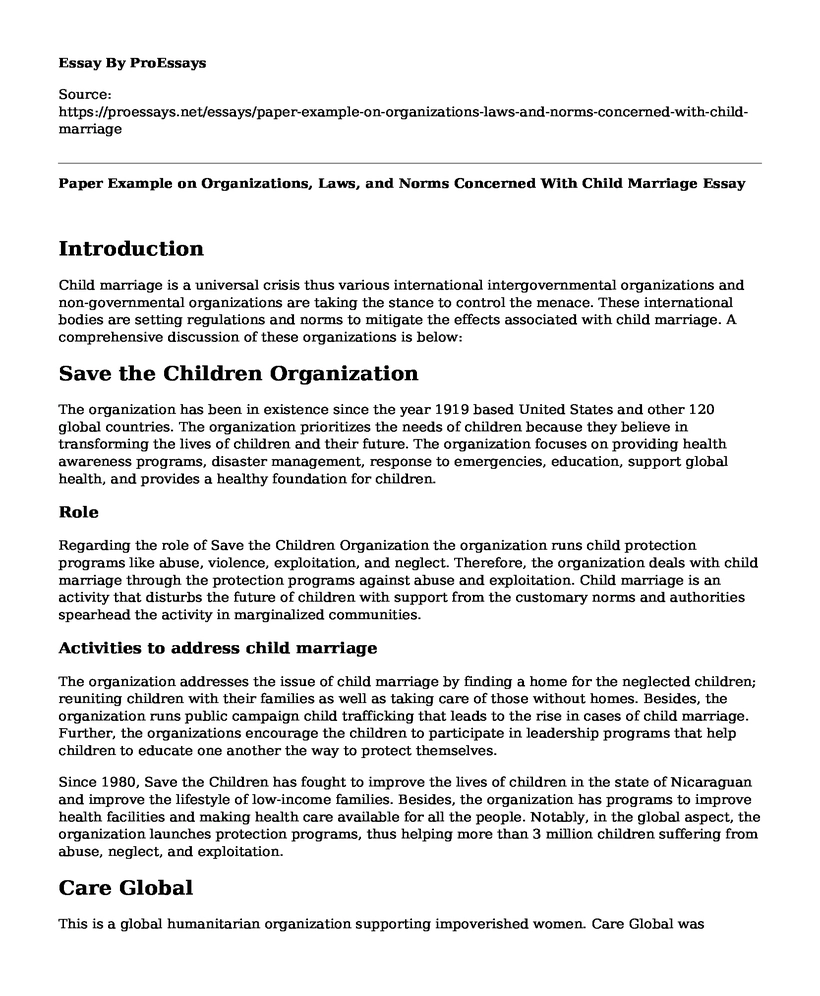 Paper Example on Organizations, Laws, and Norms Concerned With Child Marriage