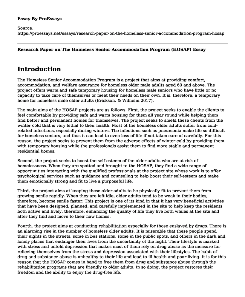 Research Paper on The Homeless Senior Accommodation Program (HOSAP)