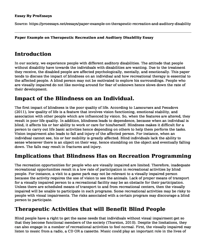 Paper Example on Therapeutic Recreation and Auditory Disability