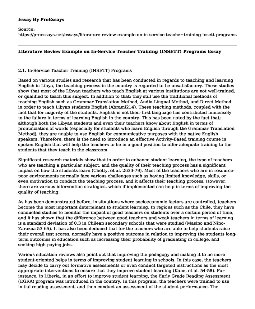 Literature Review Example on In-Service Teacher Training (INSETT) Programs