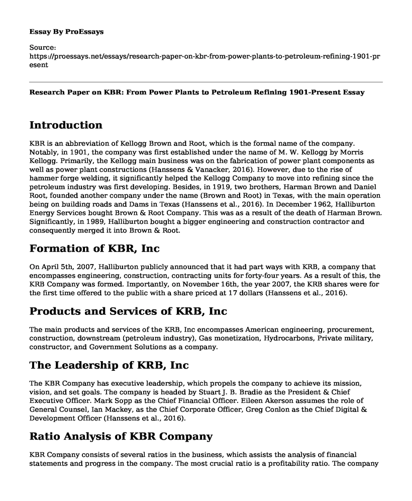 Research Paper on KBR: From Power Plants to Petroleum Refining 1901-Present