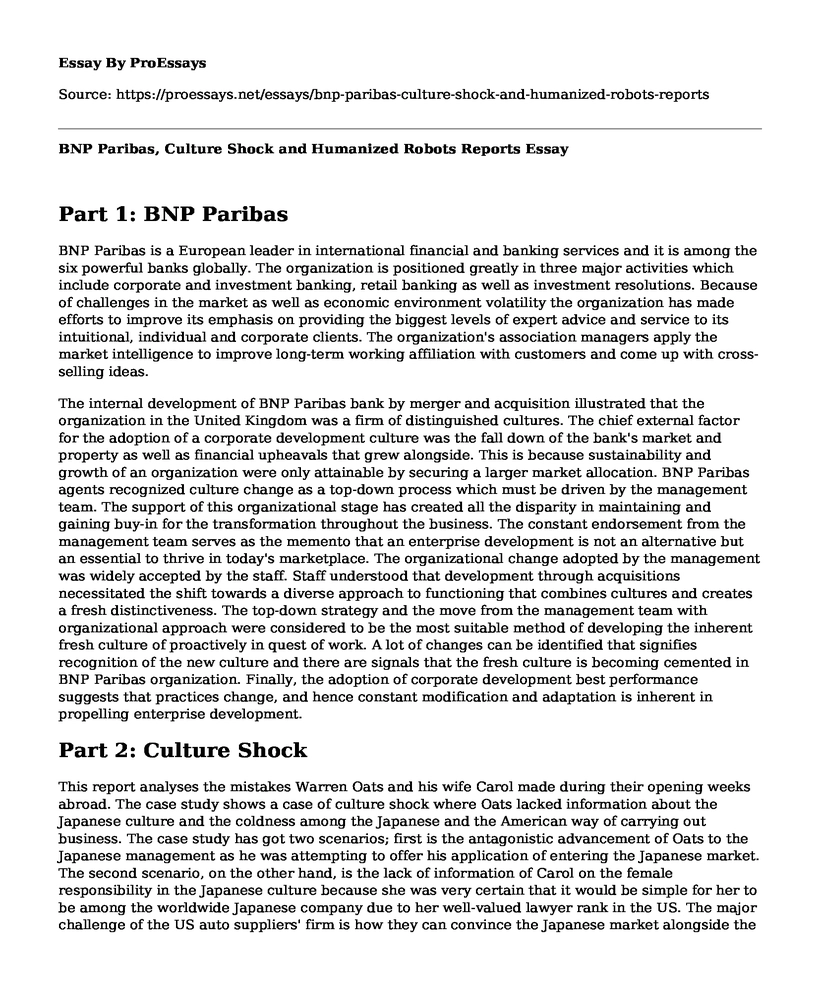 BNP Paribas, Culture Shock and Humanized Robots Reports