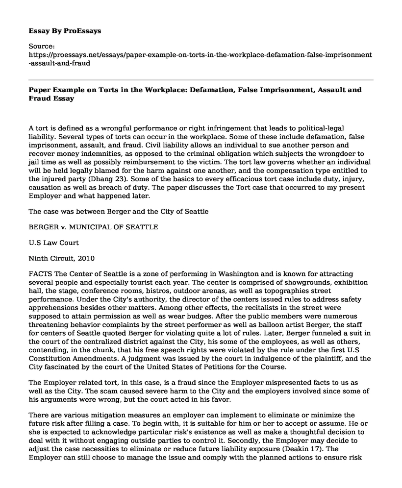 Paper Example on Torts in the Workplace: Defamation, False Imprisonment, Assault and Fraud