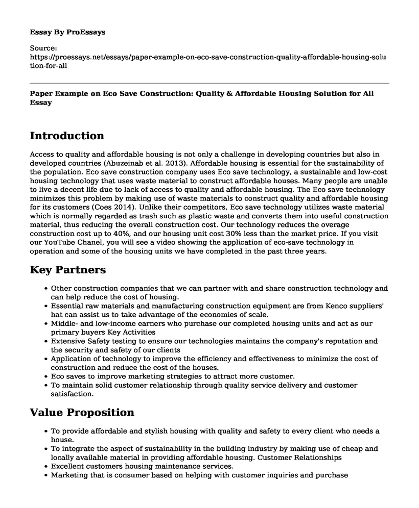 Paper Example on Eco Save Construction: Quality & Affordable Housing Solution for All