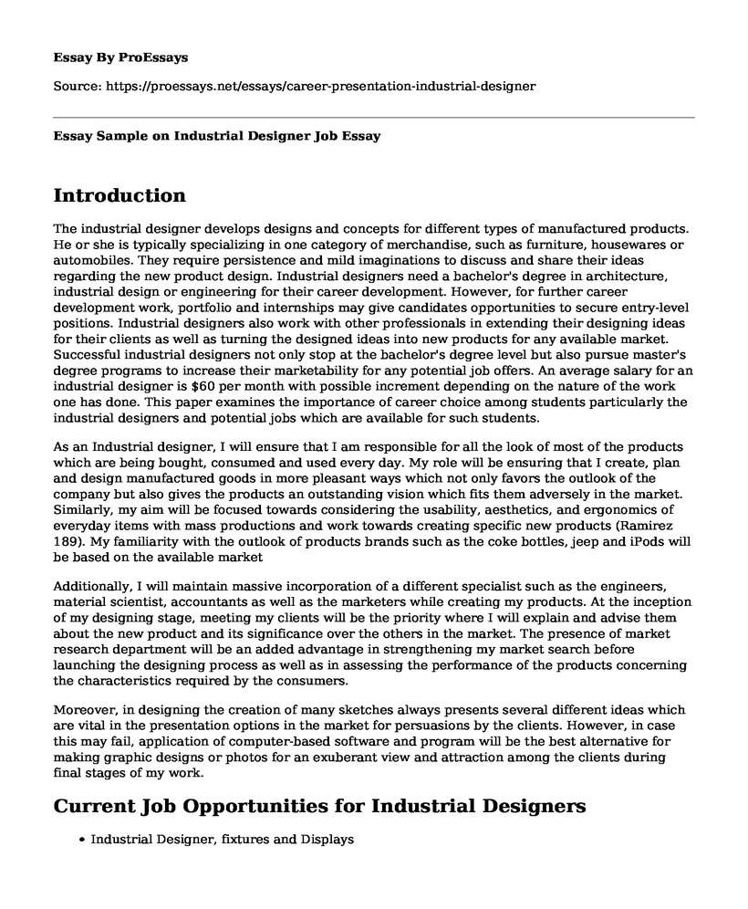 Essay Sample on Industrial Designer Job