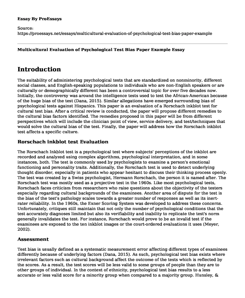 Multicultural Evaluation of Psychological Test Bias Paper Example