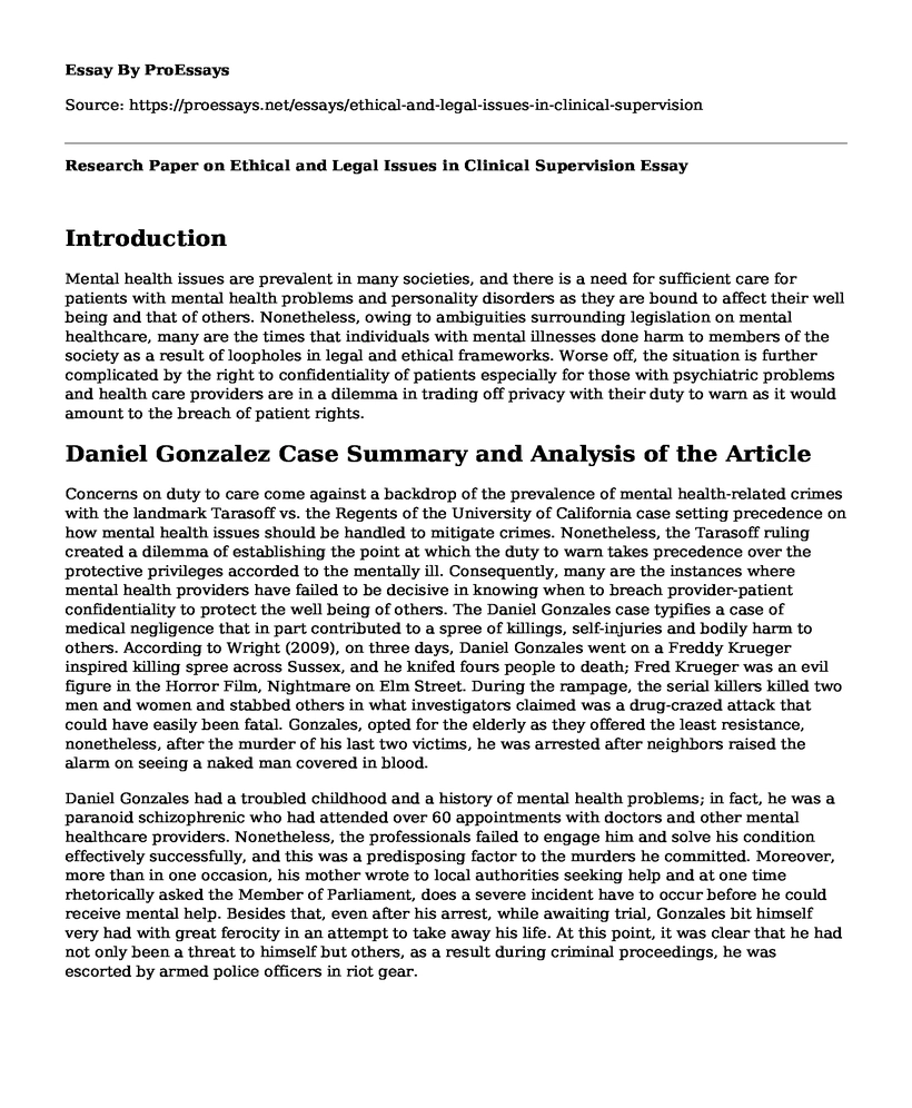 Research Paper on Ethical and Legal Issues in Clinical Supervision