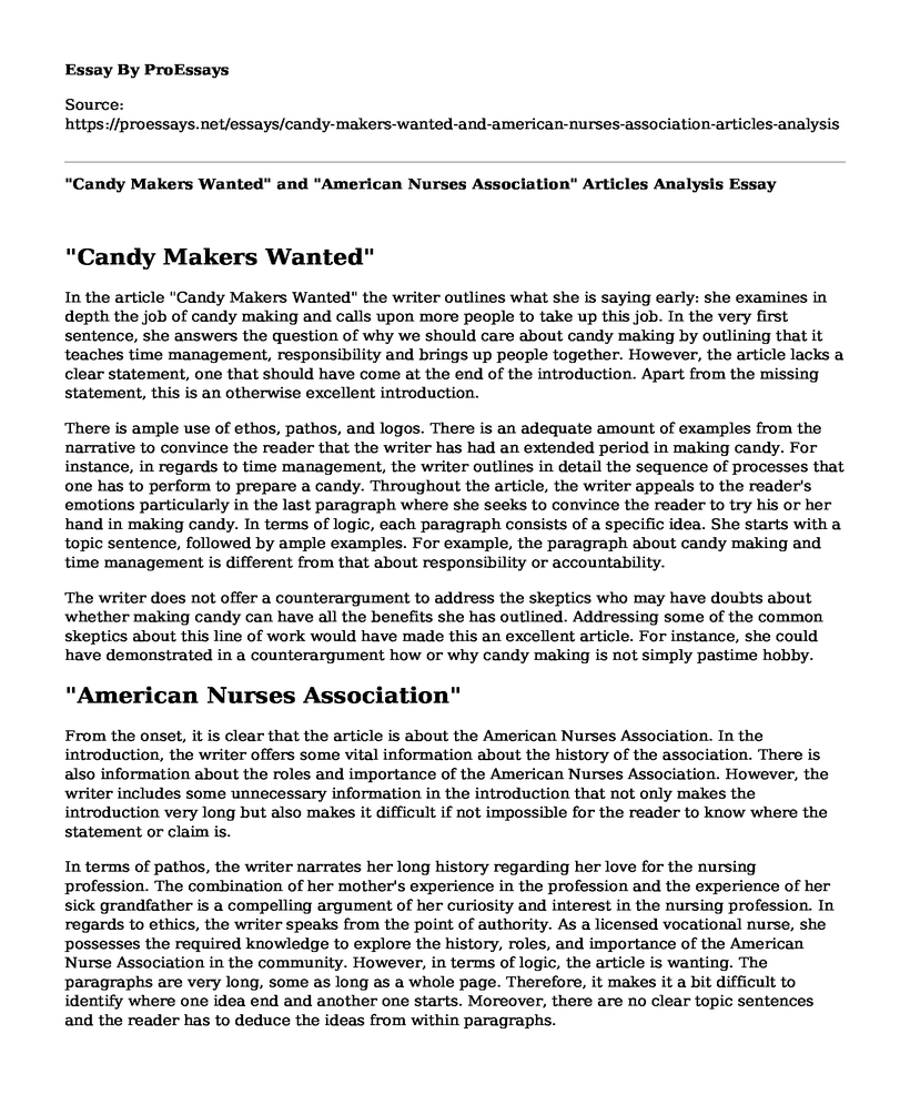 "Candy Makers Wanted" and "American Nurses Association" Articles Analysis