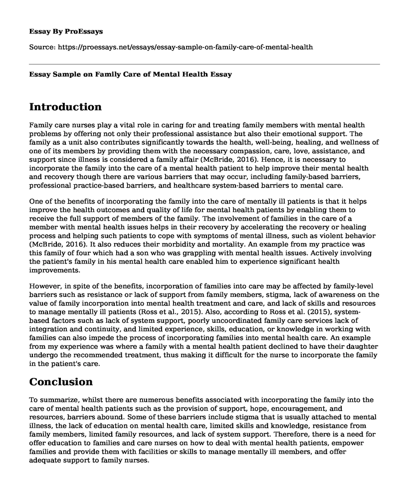 Essay Sample on Family Care of Mental Health
