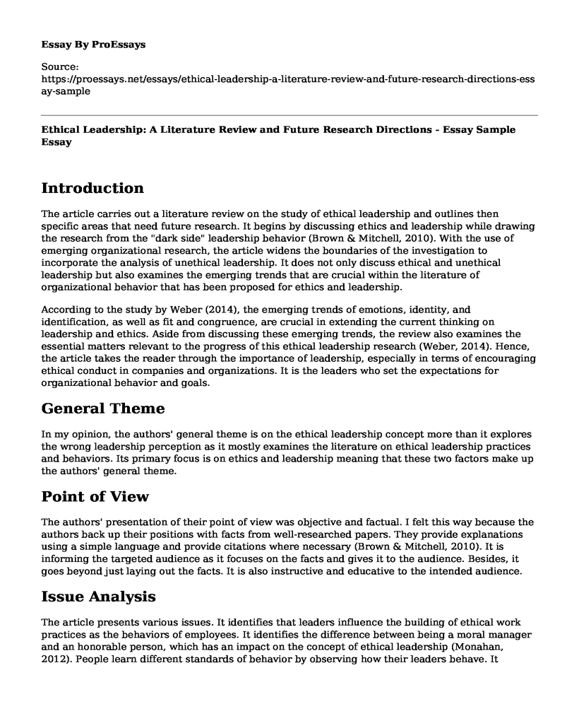 Ethical Leadership: A Literature Review and Future Research Directions - Essay Sample