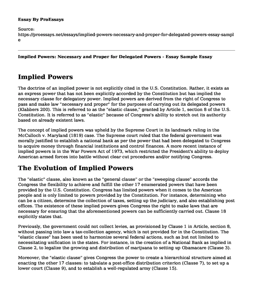 Implied Powers: Necessary and Proper for Delegated Powers - Essay Sample