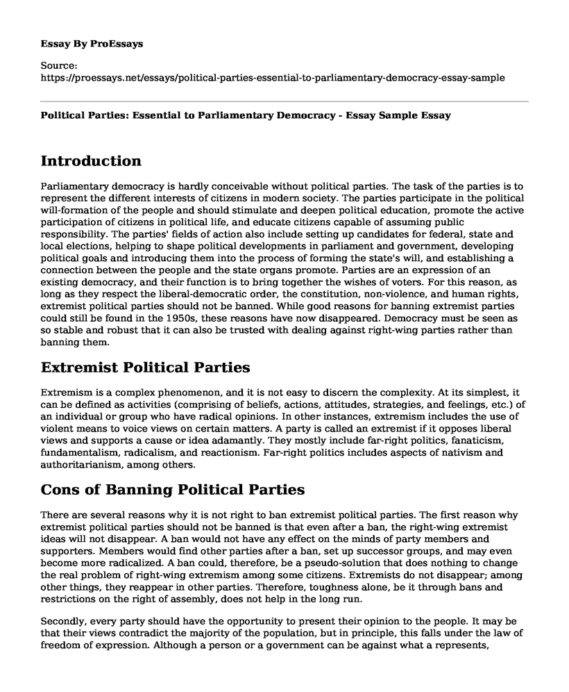 Political Parties: Essential to Parliamentary Democracy - Essay Sample
