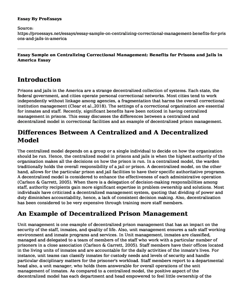Essay Sample on Centralizing Correctional Management: Benefits for Prisons and Jails in America