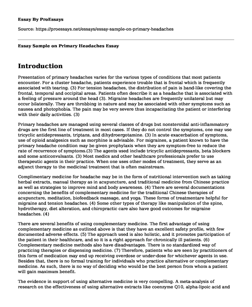 Essay Sample on Primary Headaches