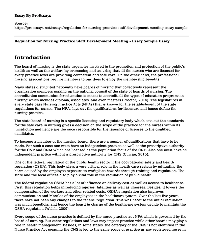 Regulation for Nursing Practice Staff Development Meeting - Essay Sample