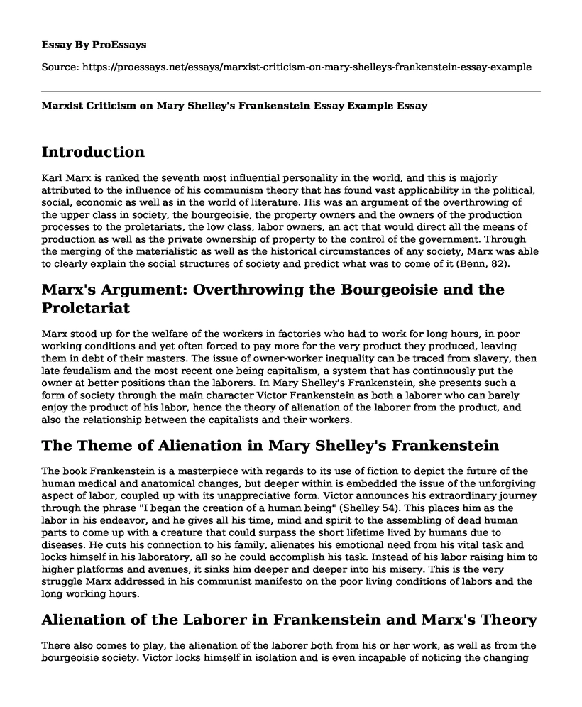Marxist Criticism on Mary Shelley's Frankenstein Essay Example