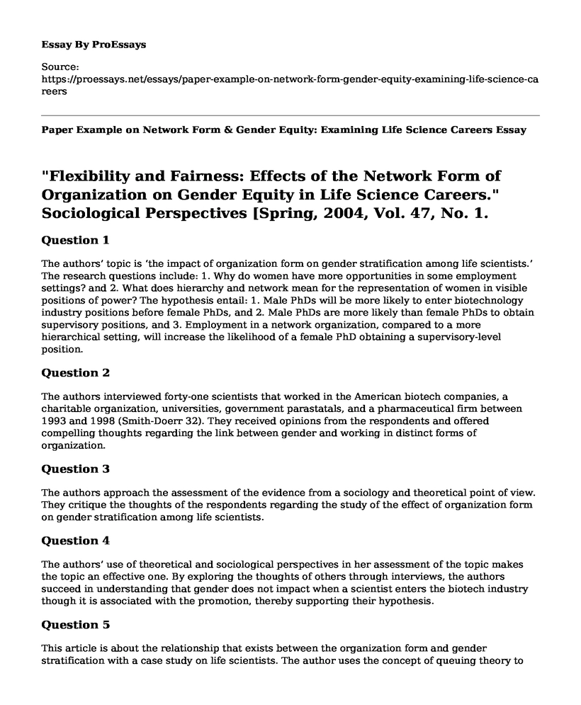 Paper Example on Network Form & Gender Equity: Examining Life Science Careers