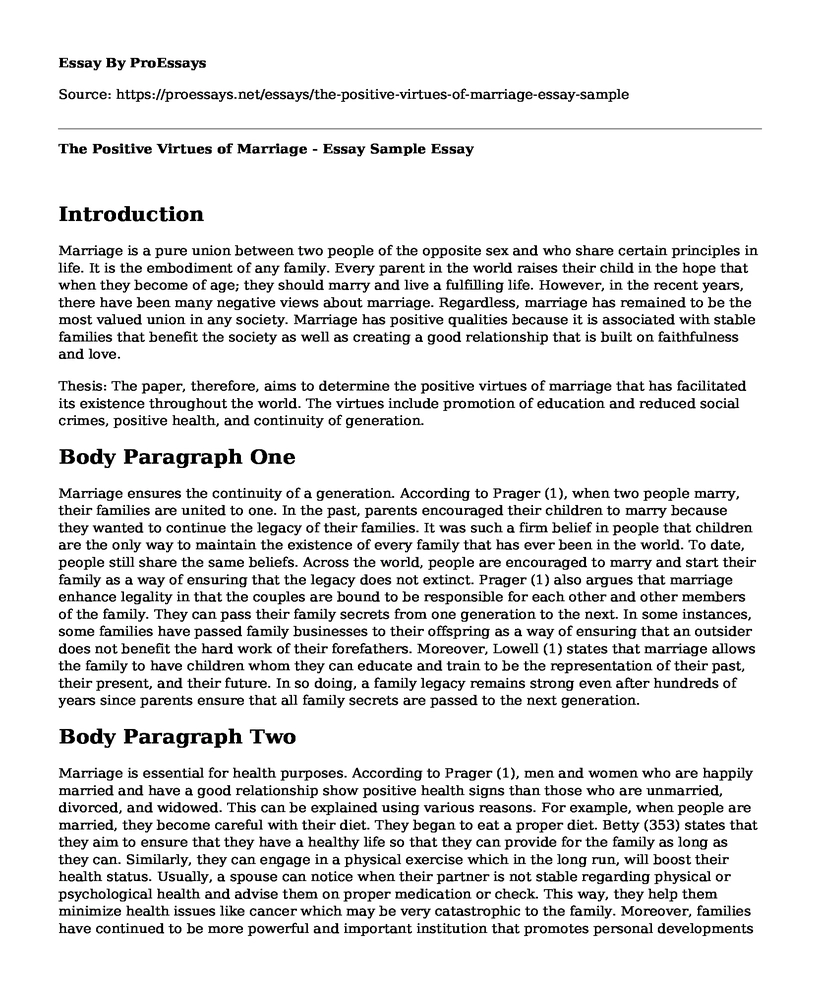 The Positive Virtues of Marriage - Essay Sample