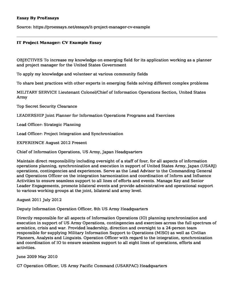 IT Project Manager: CV Example 