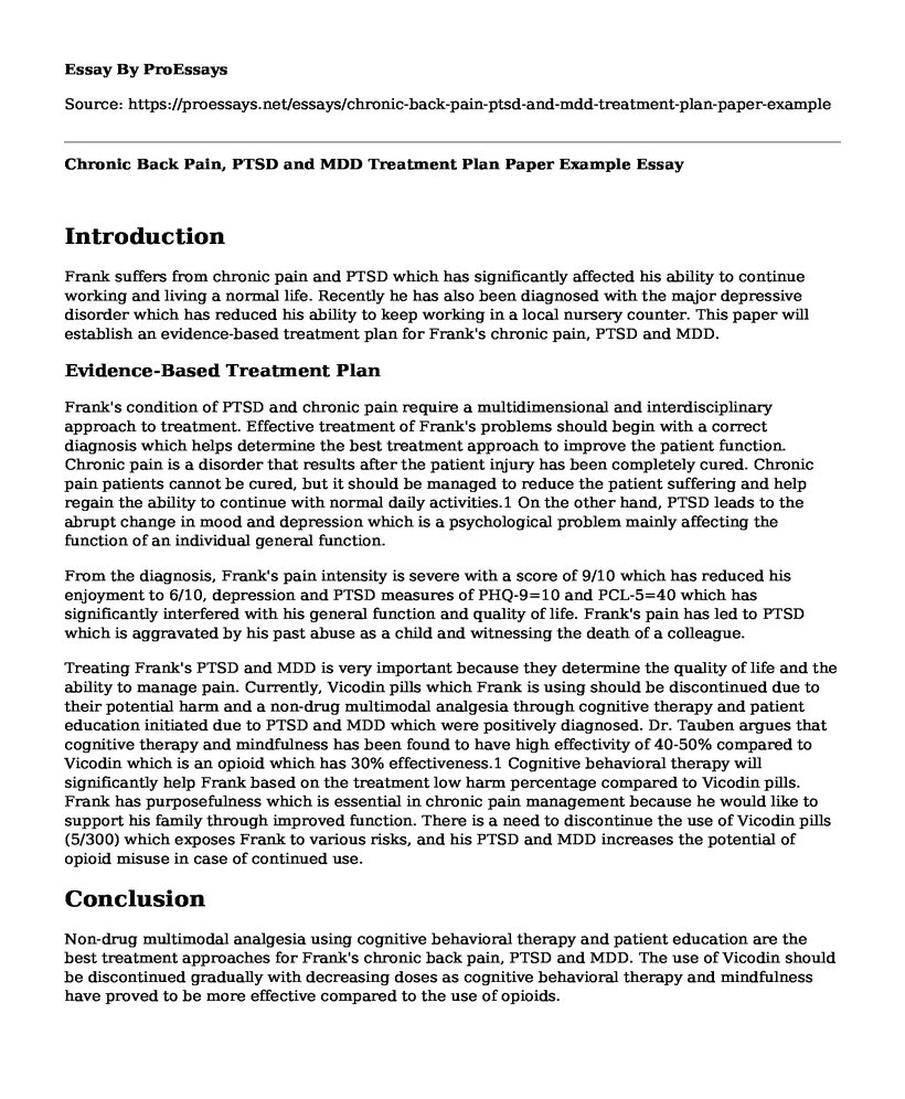 Chronic Back Pain, PTSD and MDD Treatment Plan Paper Example