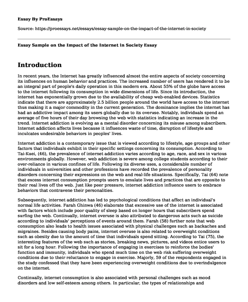 Essay Sample on the Impact of the Internet in Society