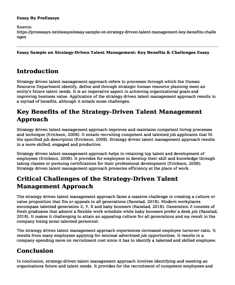 Essay Sample on Strategy-Driven Talent Management: Key Benefits & Challenges