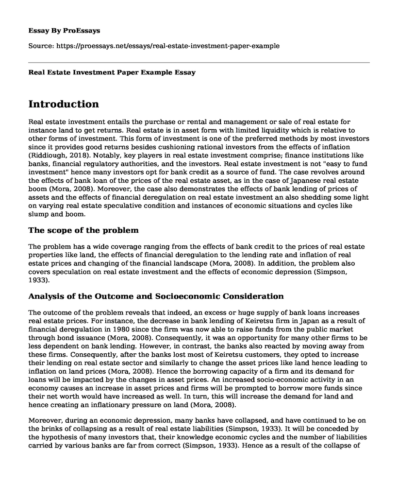 Real Estate Investment Paper Example