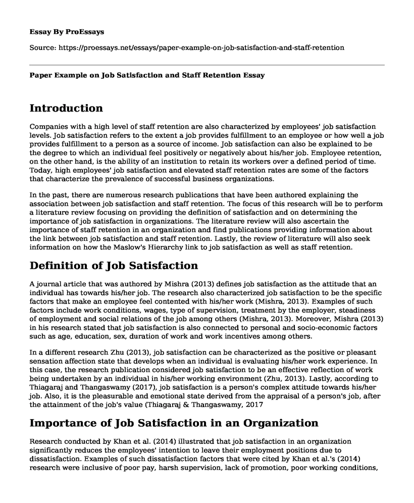 Paper Example on Job Satisfaction and Staff Retention