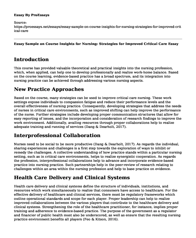 Essay Sample on Course Insights for Nursing: Strategies for Improved Critical Care