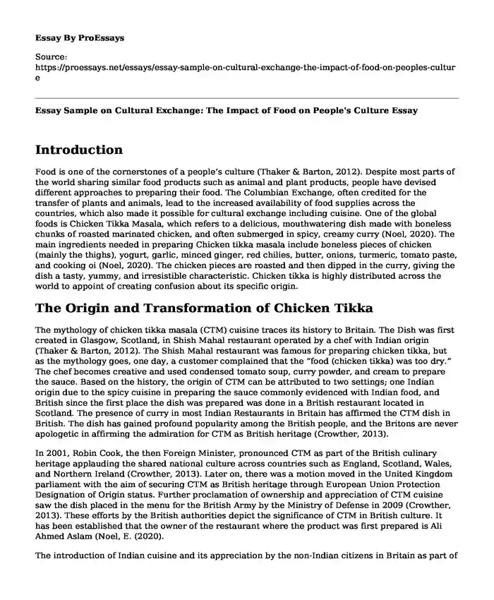 Essay Sample on Cultural Exchange: The Impact of Food on People's Culture