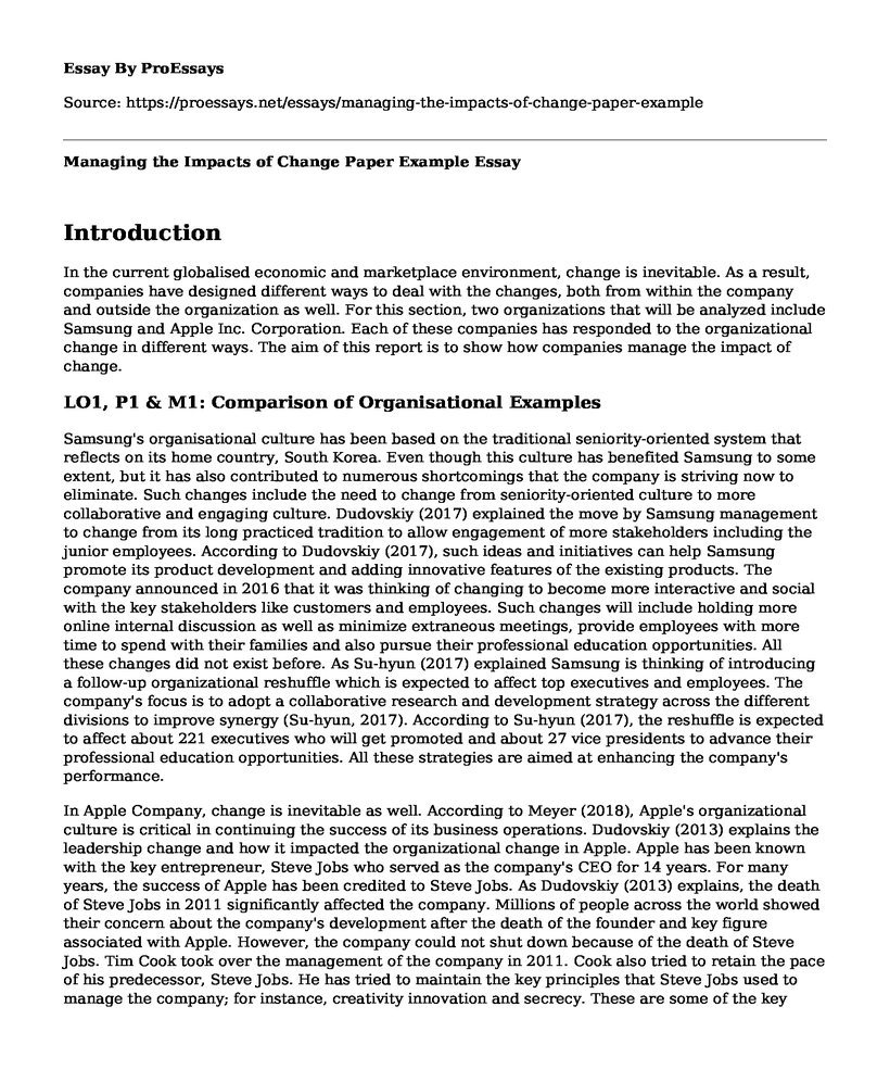 Managing the Impacts of Change Paper Example