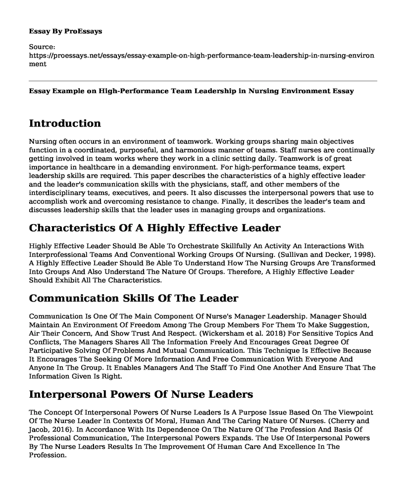 Essay Example on High-Performance Team Leadership in Nursing Environment