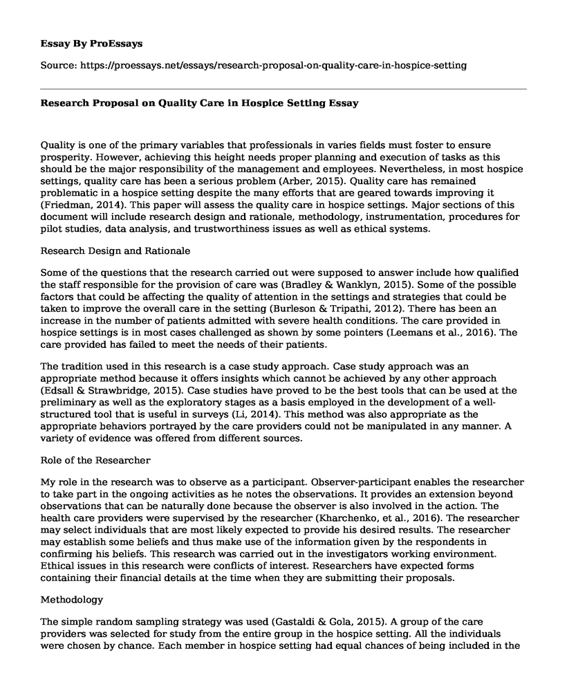 Research Proposal on Quality Care in Hospice Setting