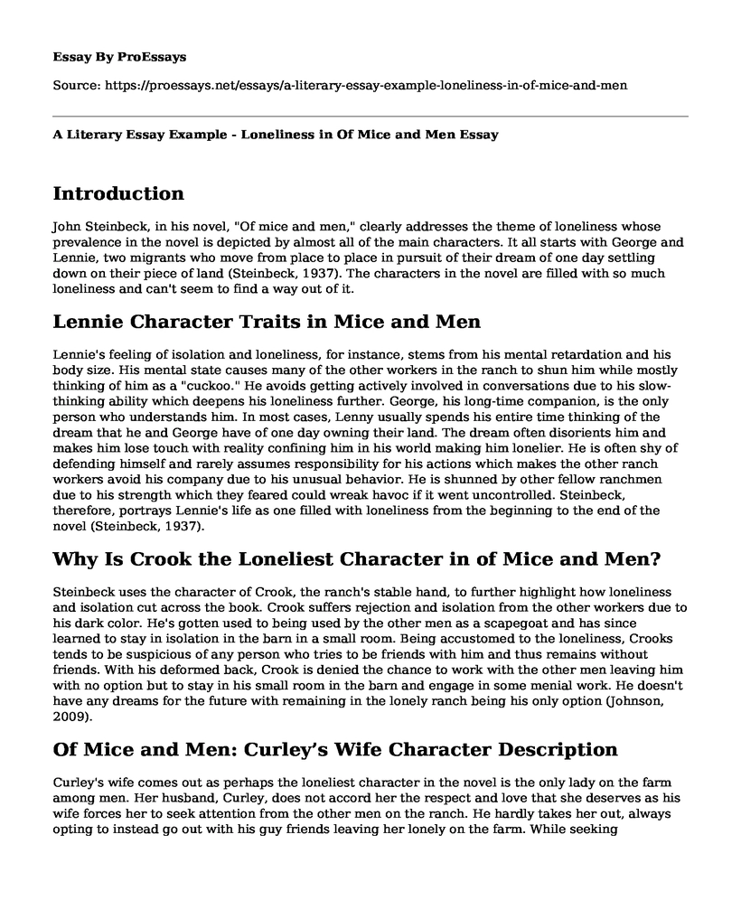 A Literary Essay Example - Loneliness in Of Mice and Men