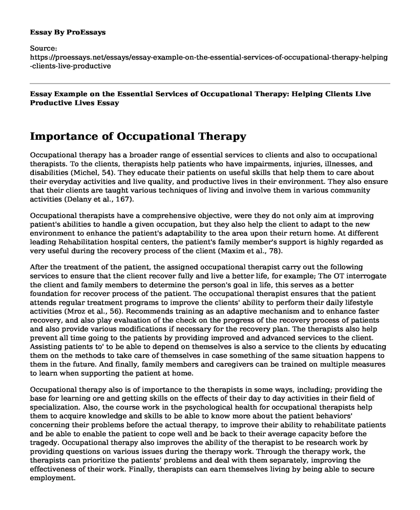 Essay Example on the Essential Services of Occupational Therapy: Helping Clients Live Productive Lives