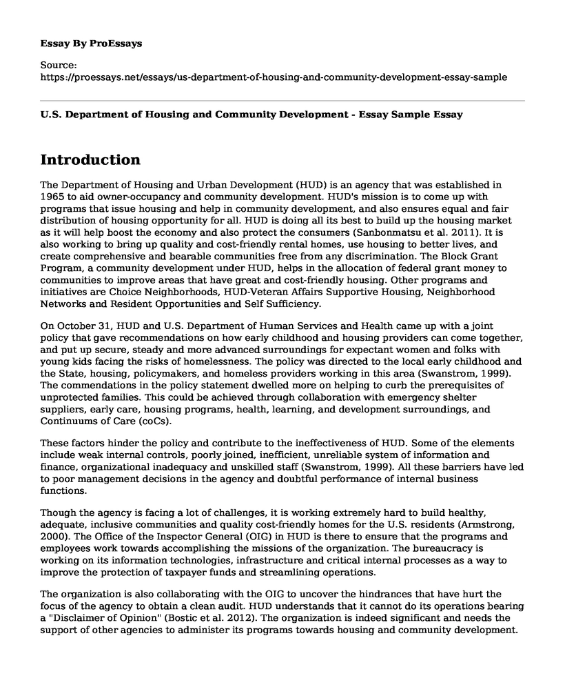 U.S. Department of Housing and Community Development - Essay Sample