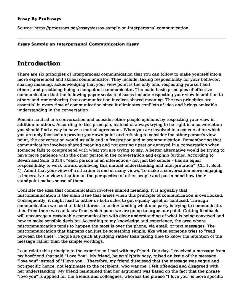 Essay Sample on Interpersonal Communication