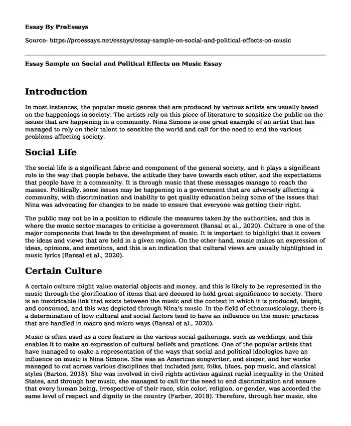 Essay Sample on Social and Political Effects on Music