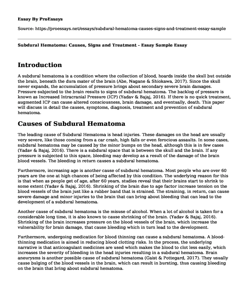 Subdural Hematoma: Causes, Signs and Treatment - Essay Sample