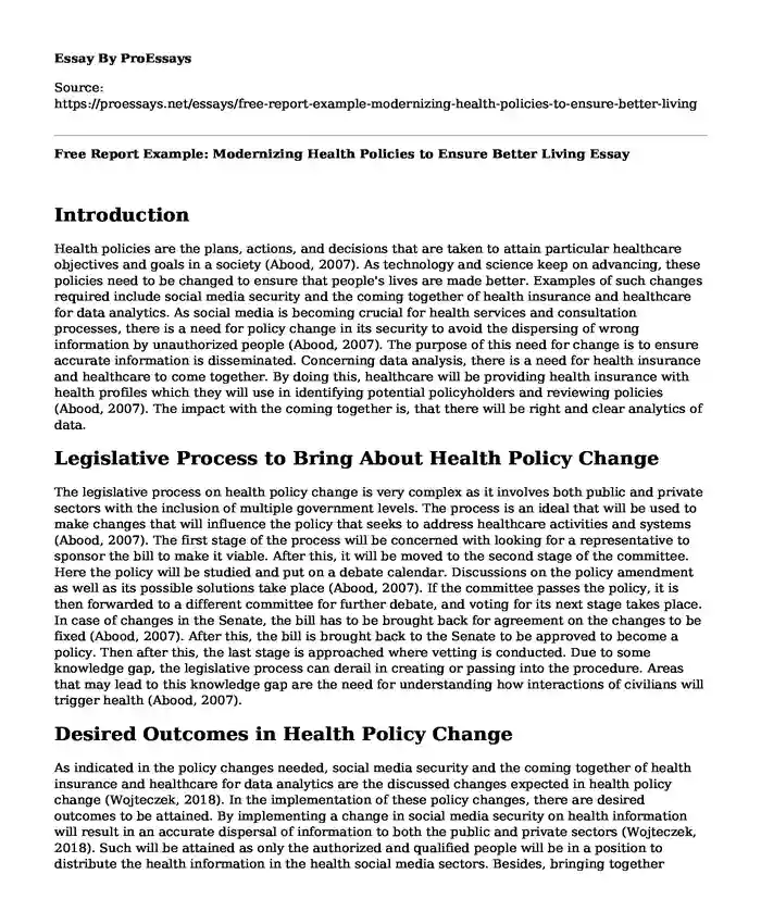 Free Report Example: Modernizing Health Policies to Ensure Better Living