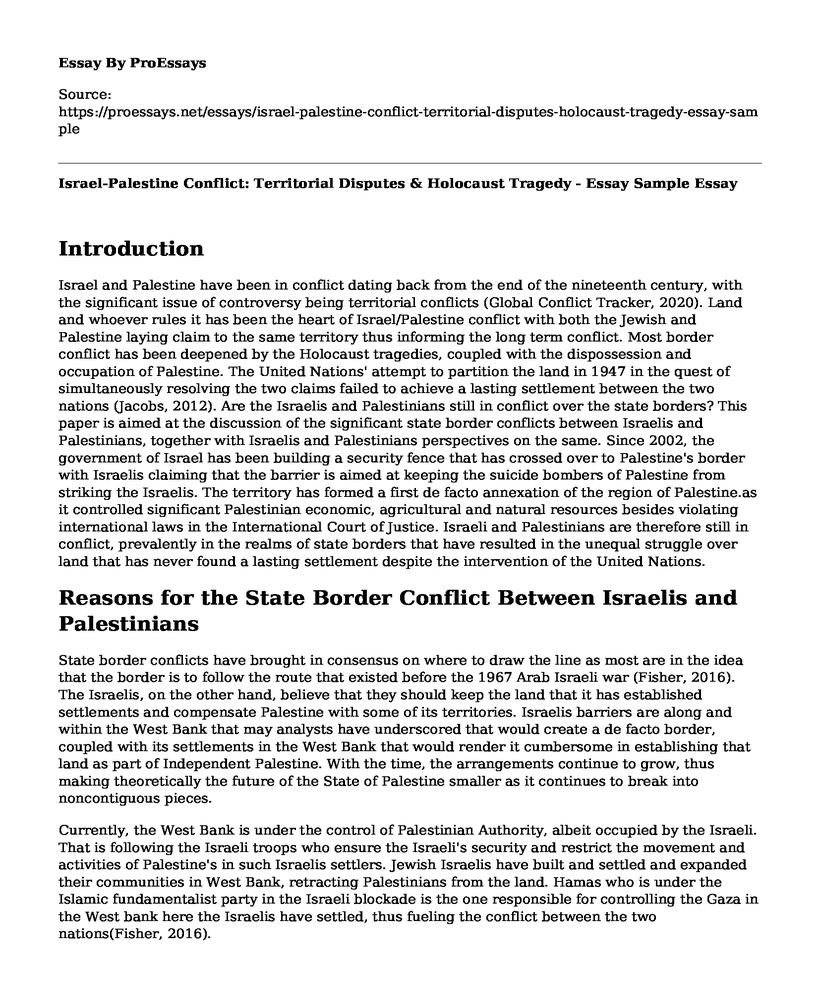 Israel-Palestine Conflict: Territorial Disputes & Holocaust Tragedy - Essay Sample