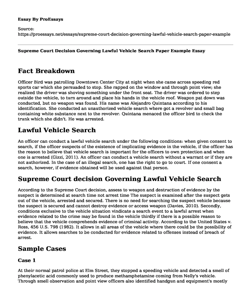 Supreme Court Decision Governing Lawful Vehicle Search Paper Example