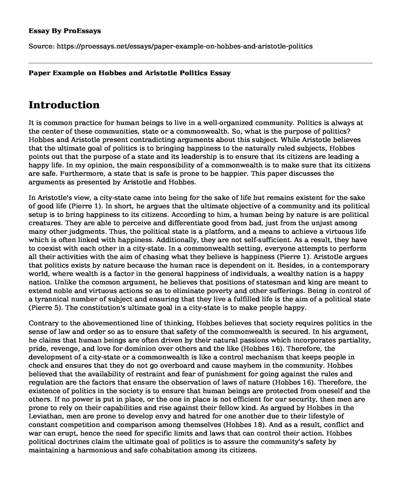 Paper Example on Hobbes and Aristotle Politics