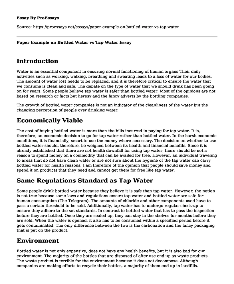 Paper Example on Bottled Water vs Tap Water